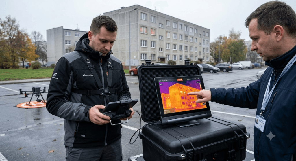 Zespół AeroPlich wykonujący inspekcję i termowizję w terenie za pomocą drona DJI Matrice 4T w Elblągu